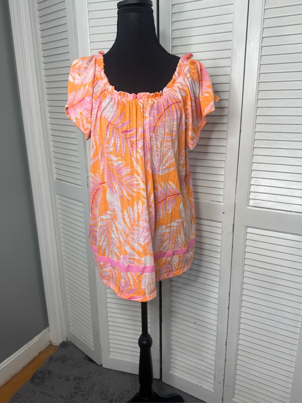 Women’s Pink & Orange Tropical Peasant Coastal Grandmother Boho Festival Top Lg